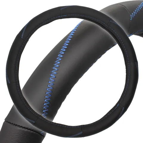 Anti Sweat Genuine Leather Car Steering Wheel Cover Stylish Blue Stitching Car Accessories