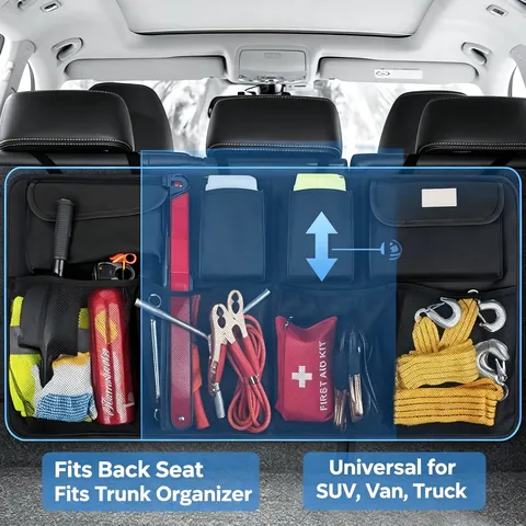 Universal Car Trunk Backseat Organizer Multi Mesh Pockets Auto Accessory for Emergency Jumper Cable Fire Extinguisher Storage