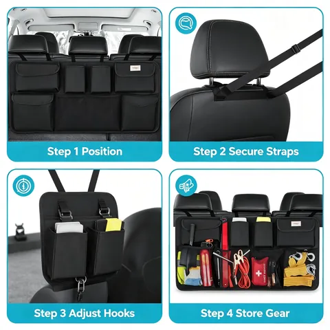 Heavy Duty Car Rear Seat Storage Organizer, Large Capacity Multi Compartment Vehicle Trunk for Road Trip Camping