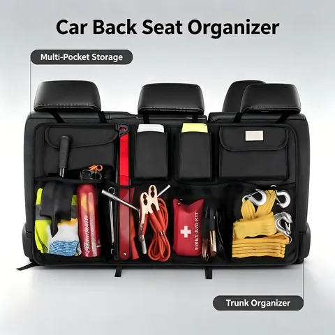 Heavy-Duty Oxford Cloth Multi-Pocket Storage Bag Car Back Seat Organizer, for SUV, Truck, Emergency Kit and Road Trip Gear