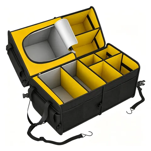 Black & Yellow Collapsible Car Trunk Organizer with Lid - Multi-Compartment Storage Solution with Shoulder Strap for Auto
