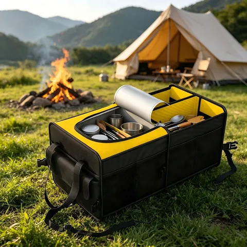 Multi-Compartment Trunk Organizer with Shoulder Strap, Durable Black & Yellow Organizer for Vehicle, Picnic & Outdoor